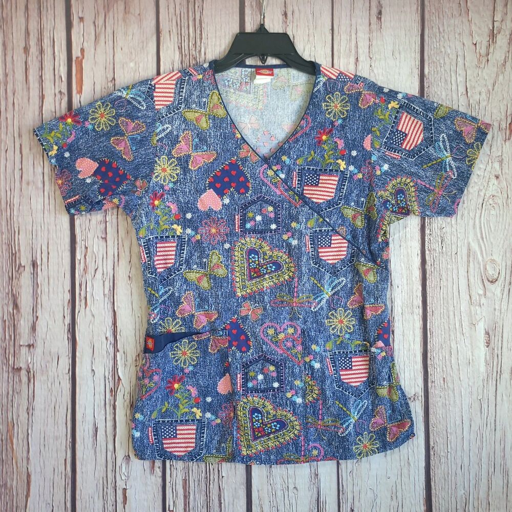 Dickies Women’s V-Neck Scrub Top Size S Blue Multicolor Floral Patriotic Print
